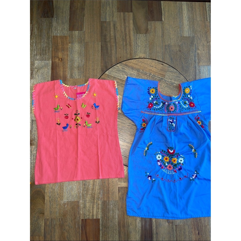 Hand-Embroidered Mexican Peasant Tops Coral & Bright Blue Kids Size 10 Lot of 2